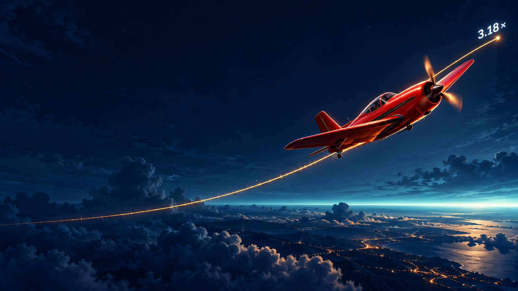 Illustrated red aircraft over a blue horizon and multiplier trace